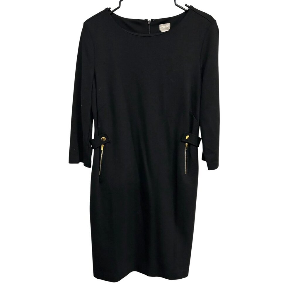 Chicos Black Knee-Length Dress With Gold Zipper Accents 3/4 Sleeves Sz Small